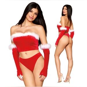 🦋B2G1🦋DREAMGIRL Stretch Velvet Marabou Feather Trim Santa Bustier Thong & Gloves